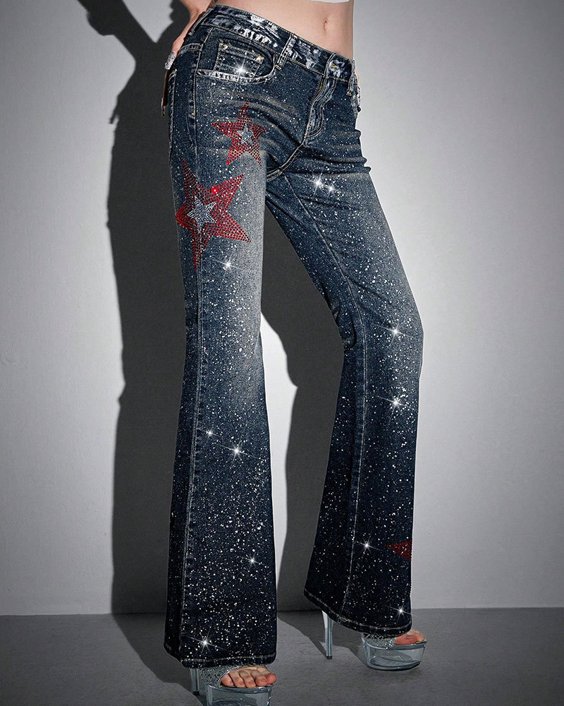 Vibecurve® Avant Y2K Sexy Low-Waist Skinny Star Foil Detail Flared Wom