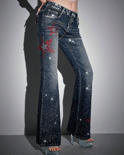 Vibecurve® Avant Y2K Sexy Low-Waist Skinny Star Foil Detail Flared Women Jeans