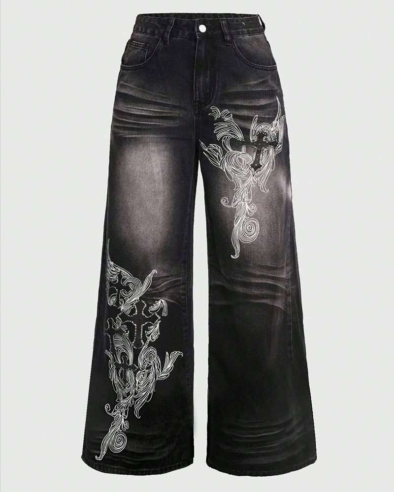 Vibecurve® Grunge Punk Women's Loose Fit Cross Patterned Pocket Flared Casual Jeans