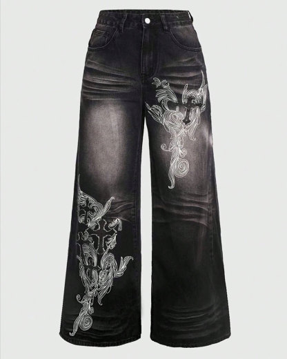 Vibecurve® Grunge Punk Women's Loose Fit Cross Patterned Pocket Flared Casual Jeans