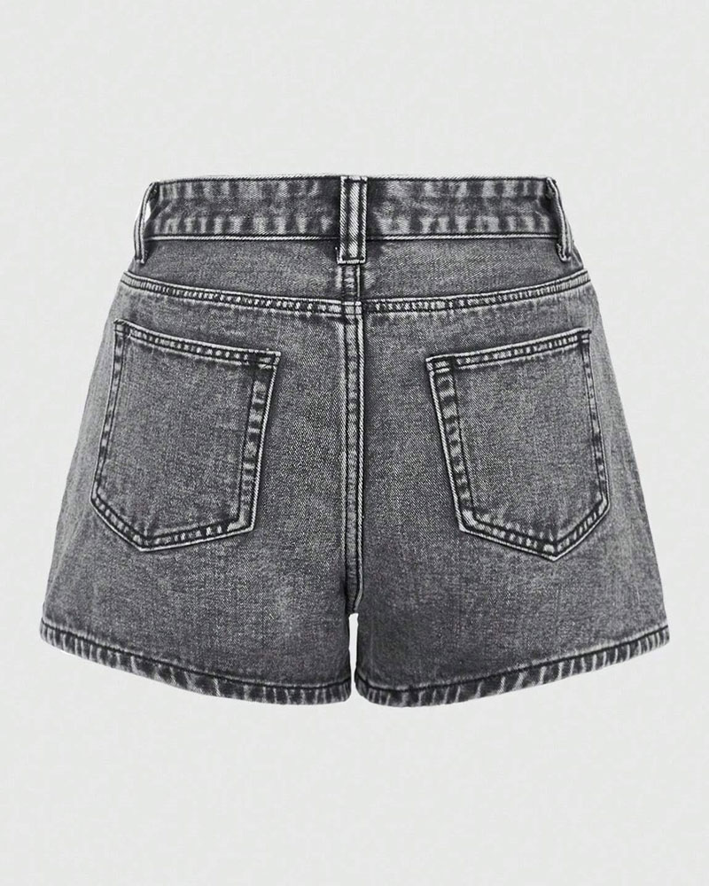 Vibecurve® Grunge Punk Free Punk Style Black Star Patch Embroidered Gray Cargo Pocket Women Denim Shorts