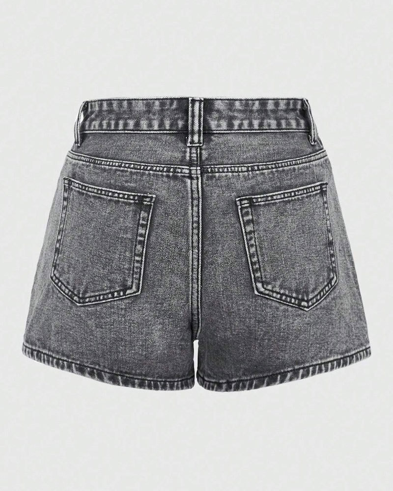 Vibecurve® Grunge Punk Free Punk Style Black Star Patch Embroidered Gray Cargo Pocket Women Denim Shorts