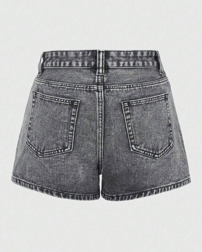 Vibecurve® Grunge Punk Free Punk Style Black Star Patch Embroidered Gray Cargo Pocket Women Denim Shorts