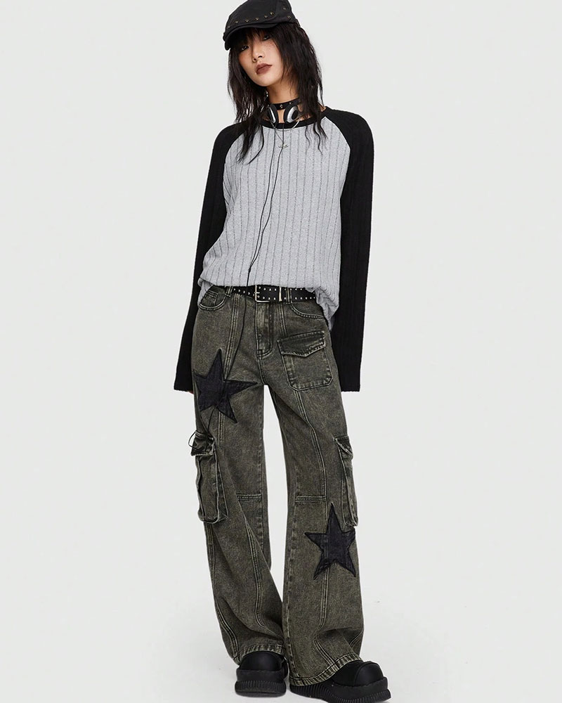 Vibecurve® Grunge Punk Star Print Flap Pocket Cargo Jeans