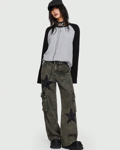 Vibecurve® Grunge Punk Star Print Flap Pocket Cargo Jeans