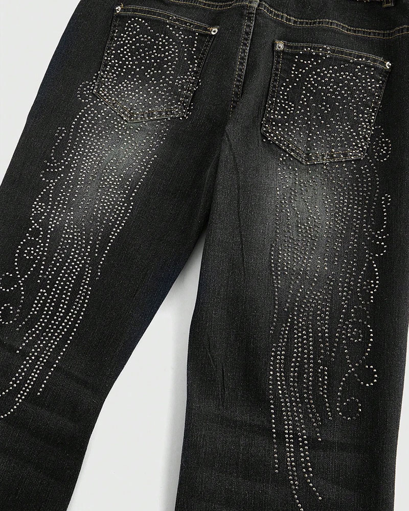 Vibecurve® Grunge Punk Y2K Retro Sexy Leopard Sequin Wing Rhinestone Decor Tight Fit Women Flare Jeans