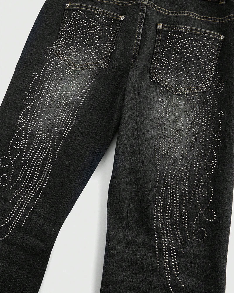 Vibecurve® Grunge Punk Y2K Retro Sexy Leopard Sequin Wing Rhinestone Decor Tight Fit Women Flare Jeans