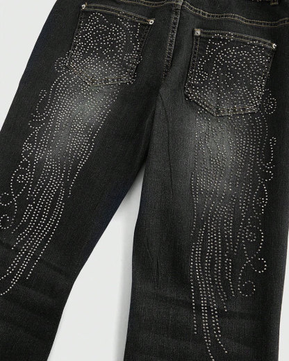 Vibecurve® Grunge Punk Y2K Retro Sexy Leopard Sequin Wing Rhinestone Decor Tight Fit Women Flare Jeans