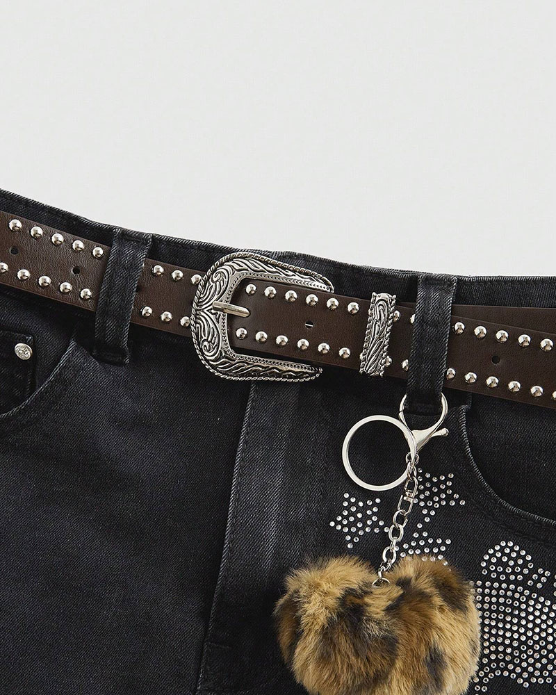 Vibecurve® J-Fashion Women's Y2K Leopard Print Rhinestone Skull Decor Denim Mini Skirt