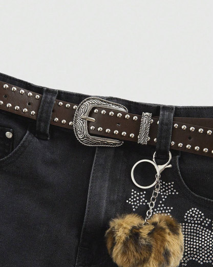 Vibecurve® J-Fashion Women's Y2K Leopard Print Rhinestone Skull Decor Denim Mini Skirt