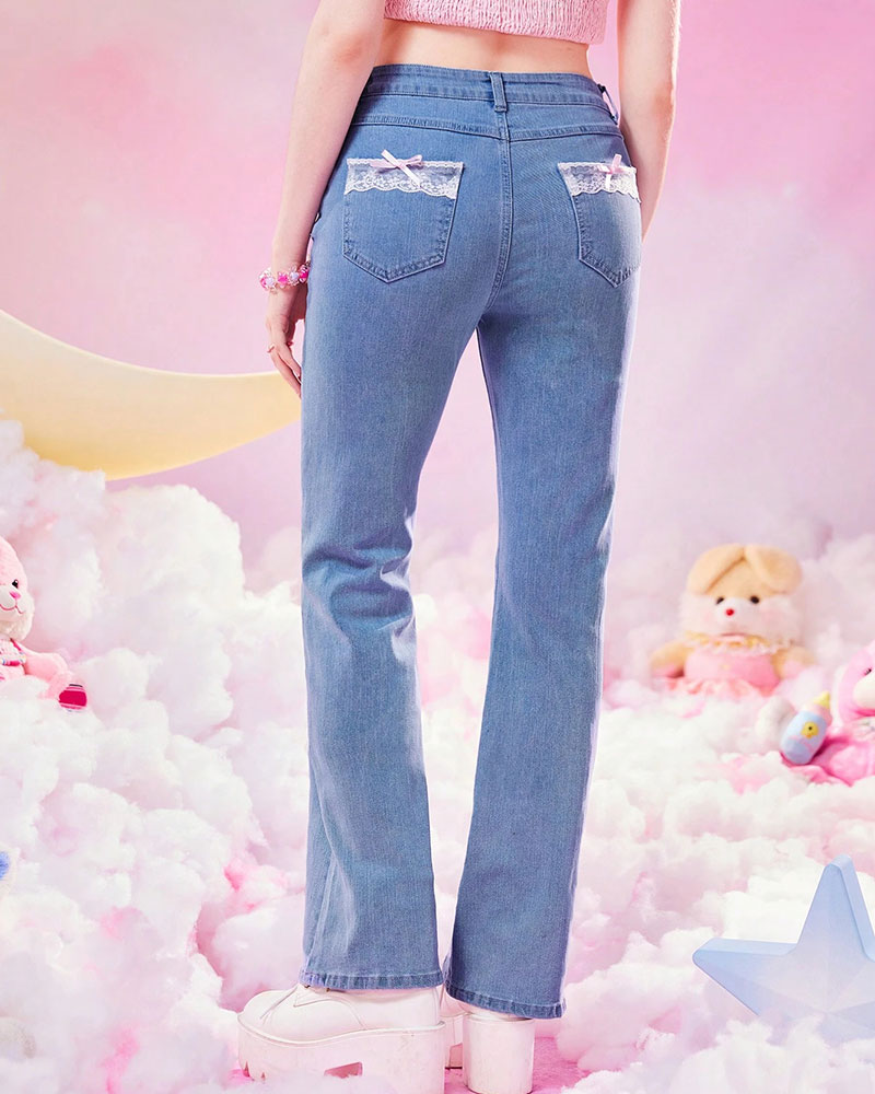 Vibecurve® Kawaii Bow Lace Trim Pocket Flare Leg Jeans