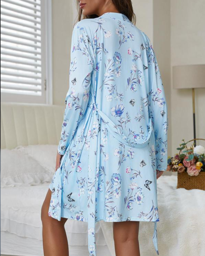 Vibecurve® Floral Print Belted Robe & Cami Nightdress Two-piece Set