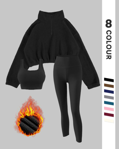 Vibecurve® Solid Thermal Lined Tracksuit Set, Sporty Casual Comfy Breathable Three-piece Outfits