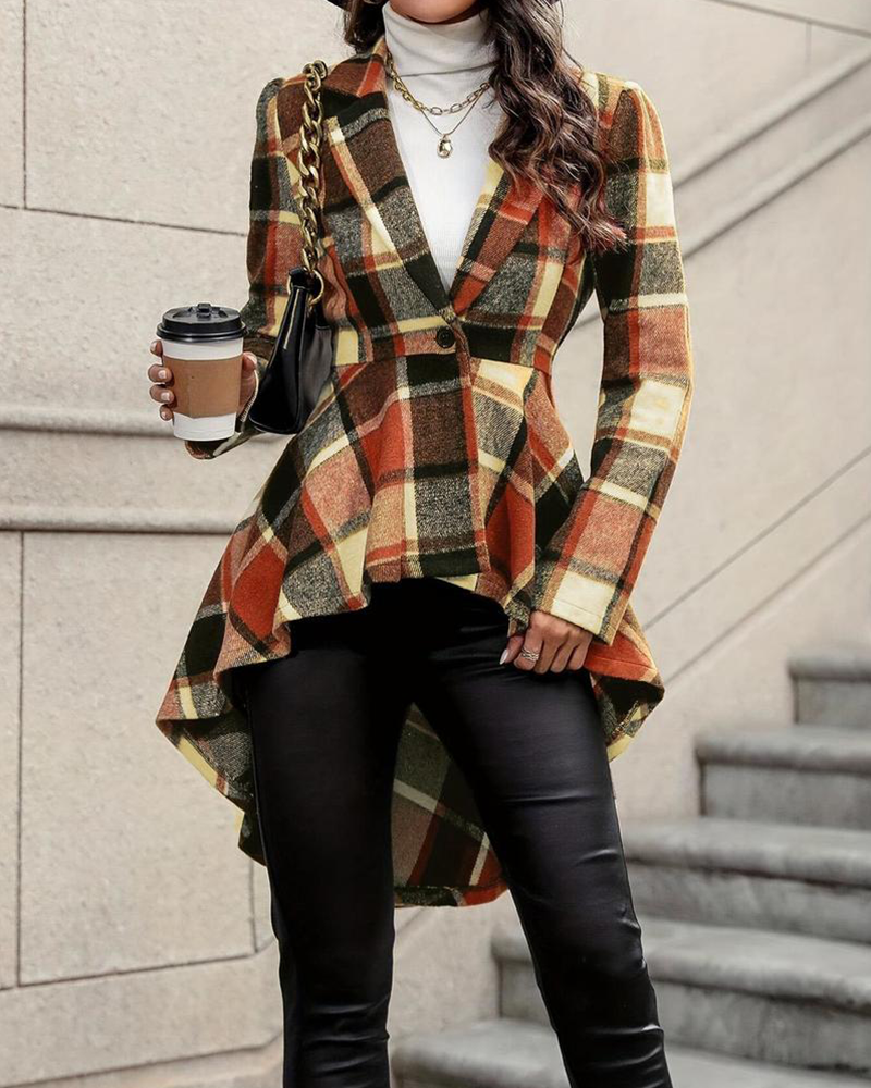 Vibecurve® Women's Plaid Print Button High Low Hem Jacket