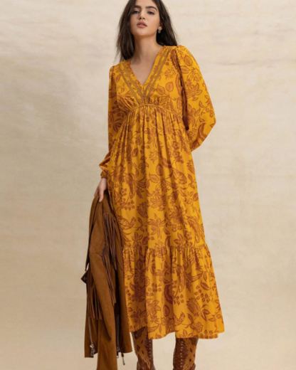 Vibecurve® Floral Print Contrast Lace Long Sleeve Ruffle Hem Dress