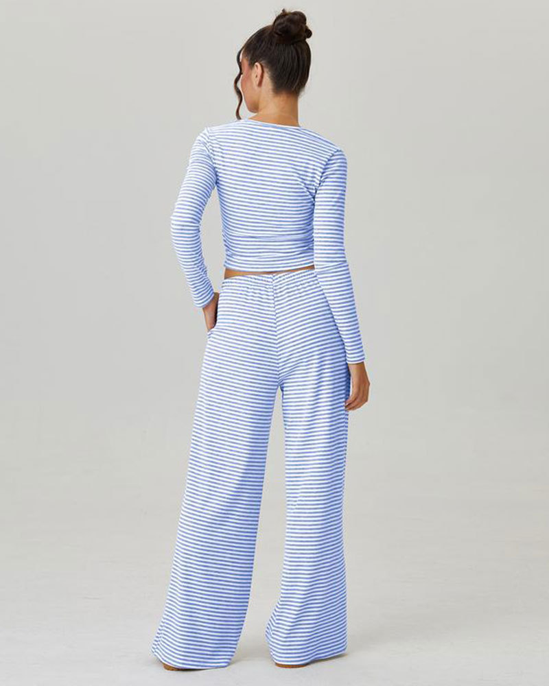Vibecurve® Slouchy Square Neck Stripe Long Sleeve Crop Top & Low-Rise Wide Leg Trousers Co-ord
