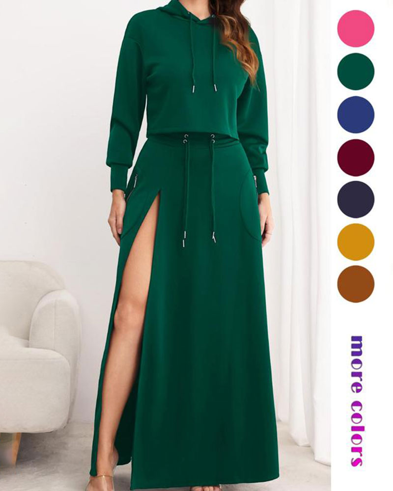 Vibecurve® Women's Solid Drawstring Hoodie & Split Thigh Skirt Set