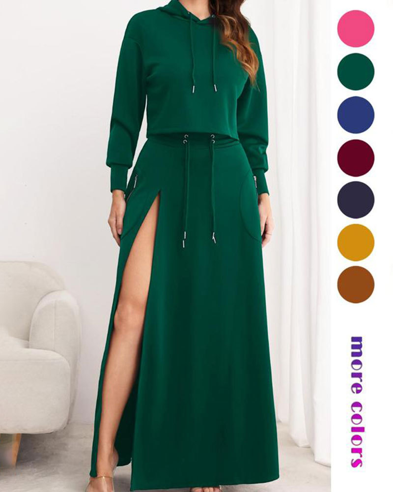 Vibecurve® Women's Solid Drawstring Hoodie & Split Thigh Skirt Set