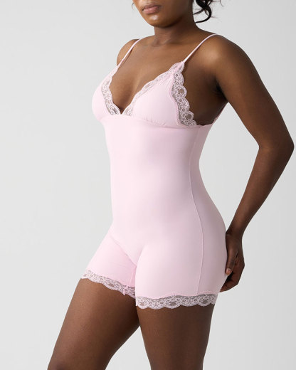 Vibecurve® Lace Trimmed Spaghetti Straps Bodysuit