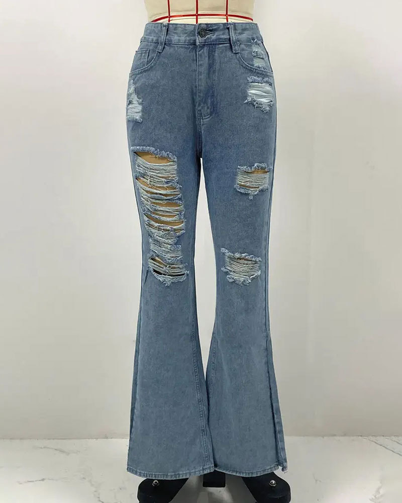 Vibecurve® Women's Jeans High Waist Hole Breaking Pants Micro Split Trousers