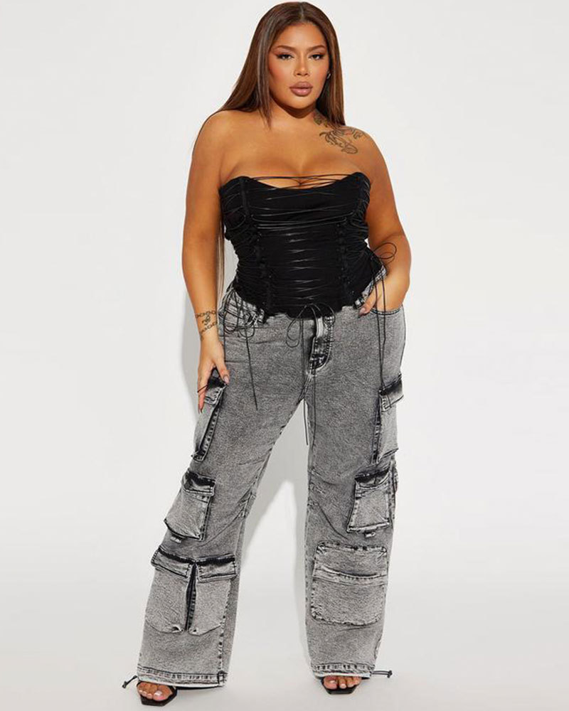 Vibecurve® High Rise Stretch Cargo Jeans - Acid Wash Grey