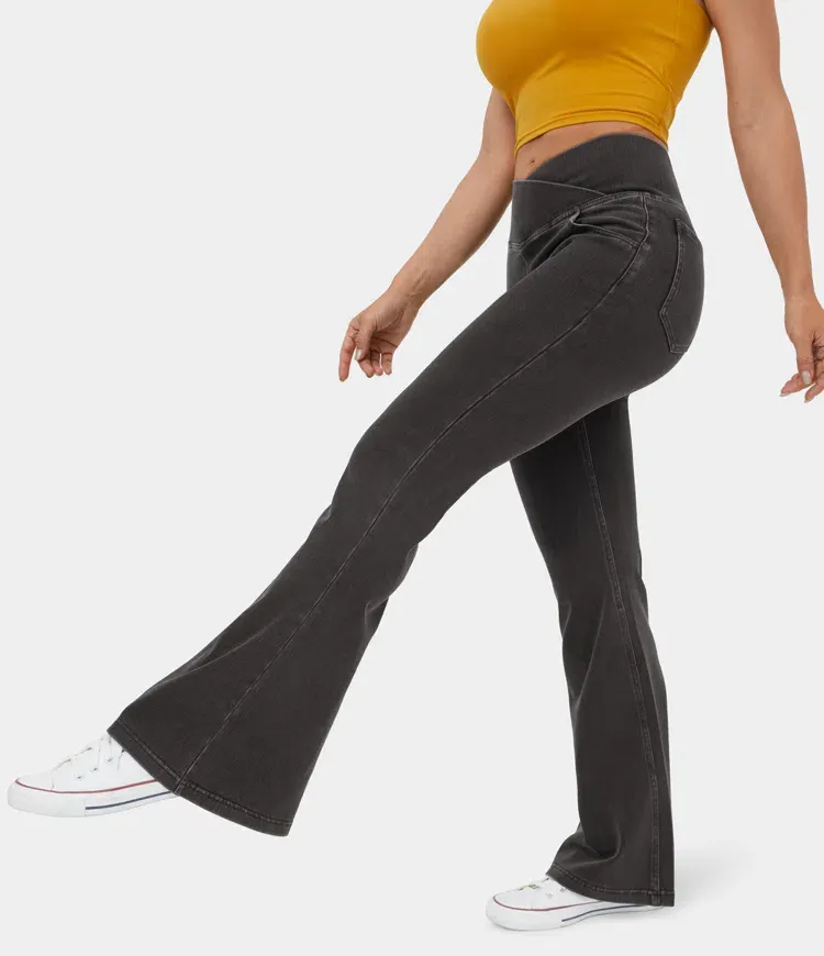 Vibecurve® High Waisted Crossover Pocket Washed Stretchy Knit Casual Super Flare Jeans