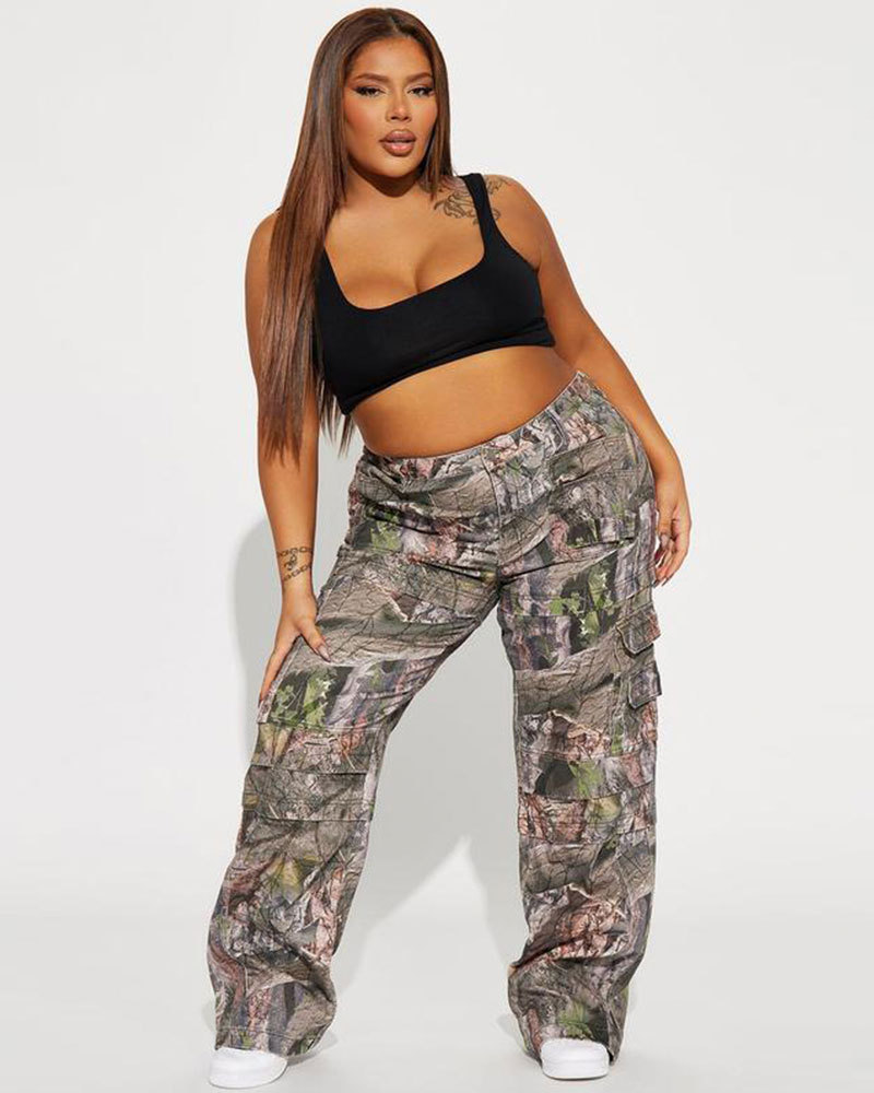 Vibecurve® Camo Stretch Cargo Jean - Olive/combo