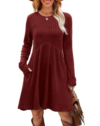 Vibecurve® Long Sleeve Dress for Women Crew Neck Empire Waist Tunic Dress with Pockets