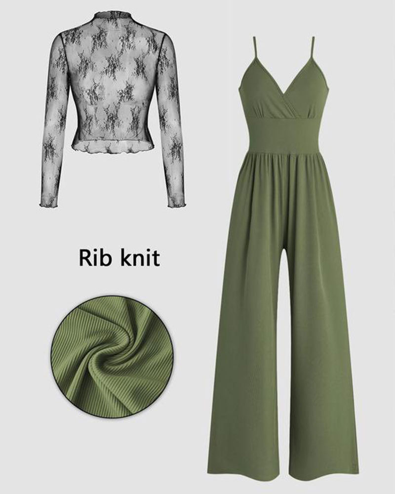 Vibecurve® Women's Solid Color Lace Tee & Pocket Jumpsuit Two-piece Set