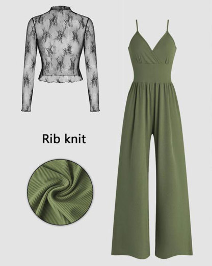 Vibecurve® Women's Solid Color Lace Tee & Pocket Jumpsuit Two-piece Set