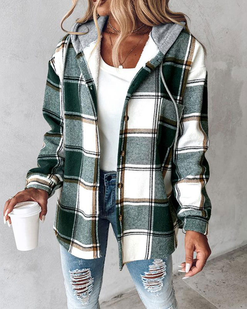 Vibecurve® Plaid Pattern Long Sleeve Shacket Button Down Fleece Lined Hooded Jackets Warm Coat