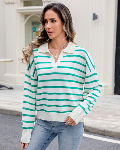 Vibecurve® Women's Knitting Pullovers Striped Casual Comfort Basic Long Sleeve V-Neck Sweater