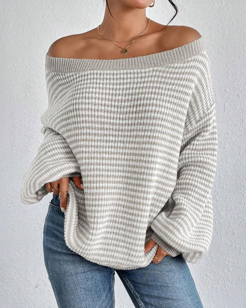 Vibecurve® Women's Striped Drop Shoulder Sweater, Casual Bishop Sleeve Boat Neck Jumper