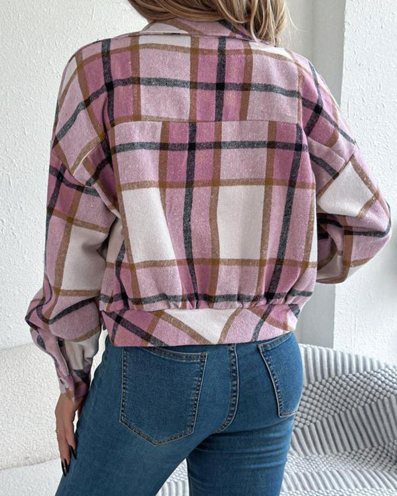 Vibecurve® Women's Chic Plaid Print Button Front Drop Shoulder Jacket