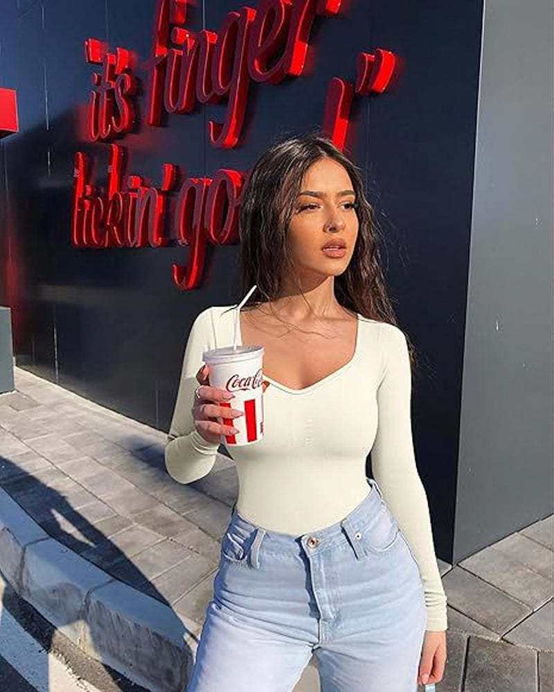 Vibecurve® Seamless Long Sleeve V-Neck Sculpting Bodysuit