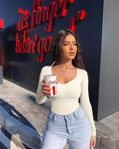 Vibecurve® Seamless Long Sleeve V-Neck Sculpting Bodysuit