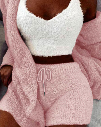 Vibecurve® Solid Color Plush Three-piece Pyjama Set, Fluffy Pajamas