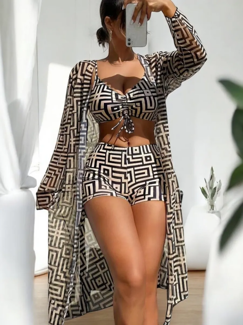 Vibecurve® Three-Piece Set Women's Geometric PrintDrawstring Swimsuit Set