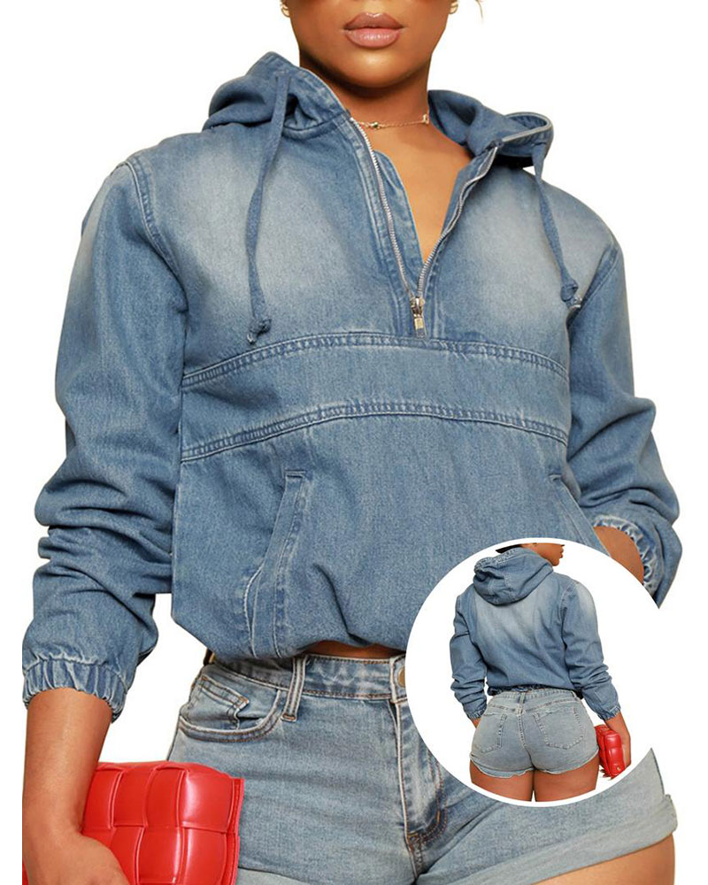 Vibecurve® Half Zip Denim Hoodie Pullover Jacket Jean Tops Casual