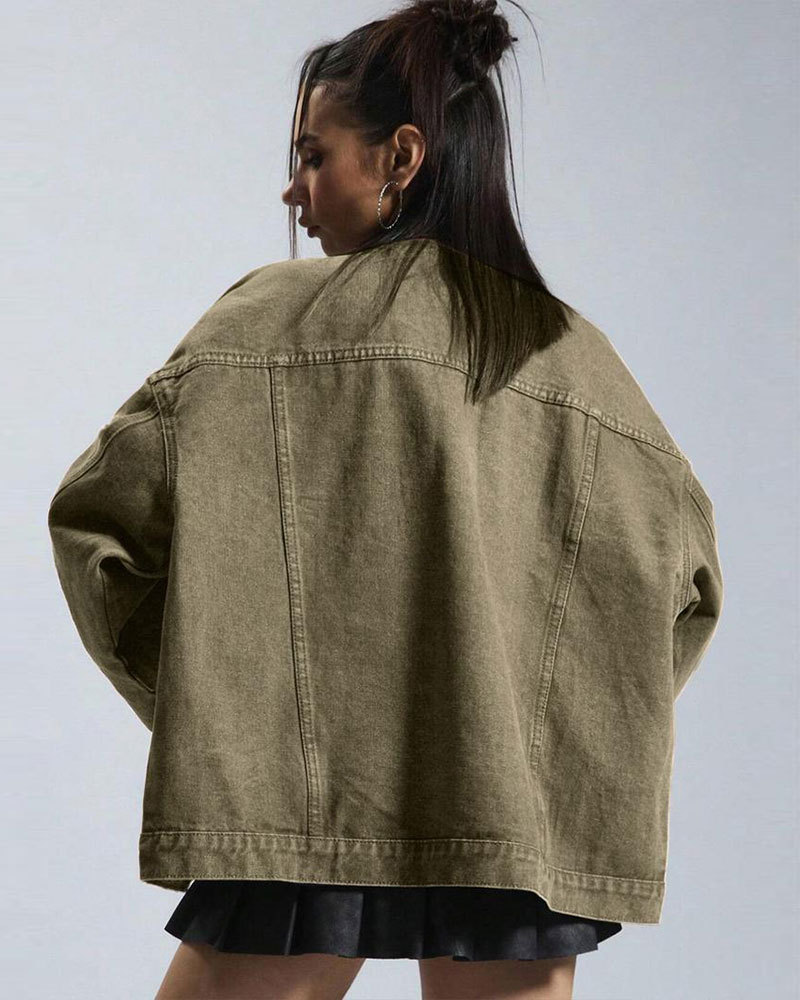 Vibecurve® Plain Button Front Drop Shoulder Denim Coat