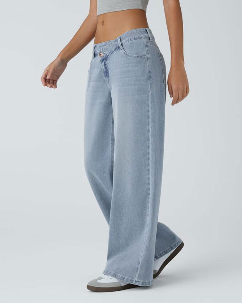 Vibecurve® Asymmetric Low Rise Zipper Pockets Baggy Wide Leg Washed Casual Jeans