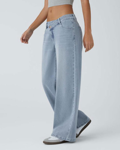 Vibecurve® Asymmetric Low Rise Zipper Pockets Baggy Wide Leg Washed Casual Jeans