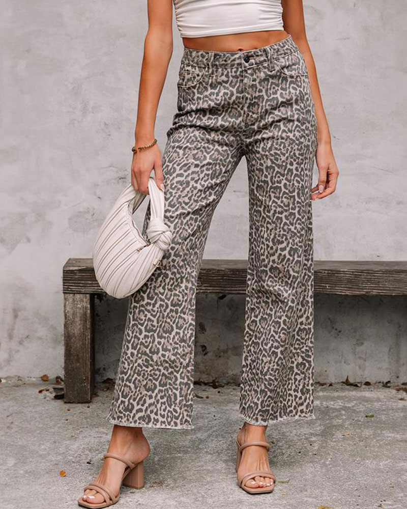 Vibecurve® Brown Leopard Wide Leg Raw Hem Highwaist Jeans Denim Bottom