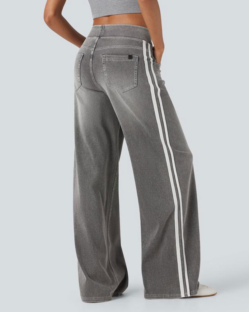 Vibecurve® High Waisted Stripe Wide Leg Flowy Washed Casual Jeans with Pockets