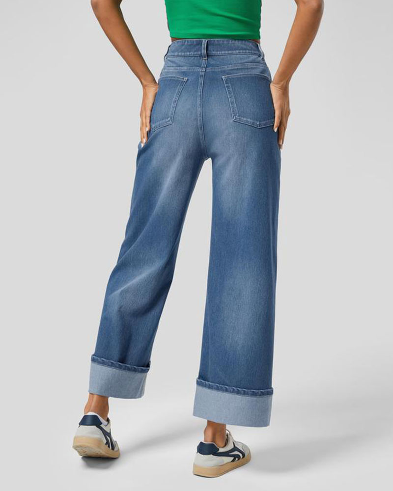 Vibecurve® High Waisted Pockets Rolled Hem Wide Leg Washed Casual Jeans