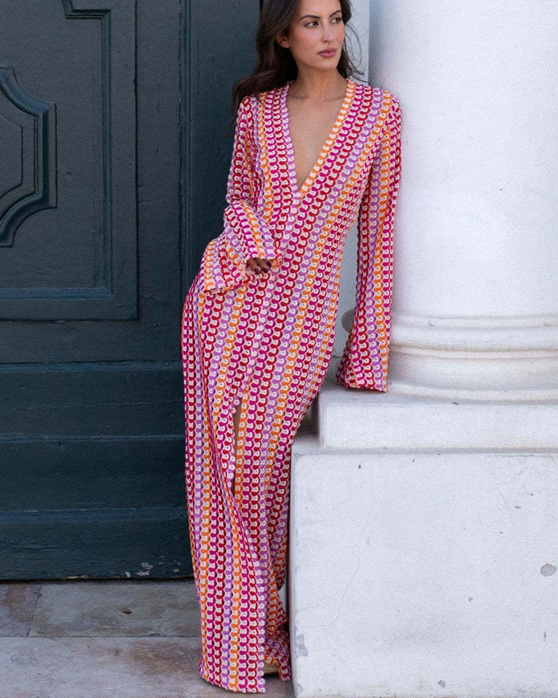 Vibecurve® Women’s Striped Maxi Dress Long Knit Beach Dresses Loose Fit Sexy Summer Contrast Color Side Slit Hollow Out Sundress