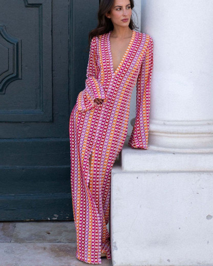 Vibecurve® Women’s Striped Maxi Dress Long Knit Beach Dresses Loose Fit Sexy Summer Contrast Color Side Slit Hollow Out Sundress