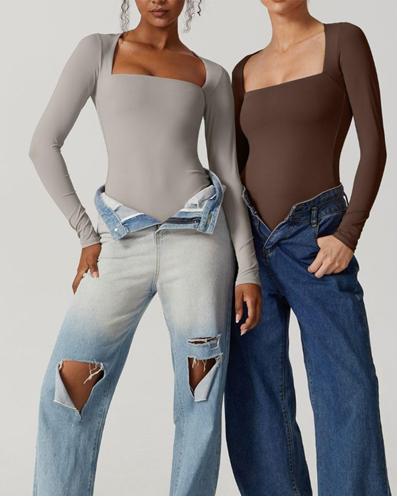 Vibecurve® Bodysuit Tops for Women Square Neck Long Sleeve Double Lined T-shirt