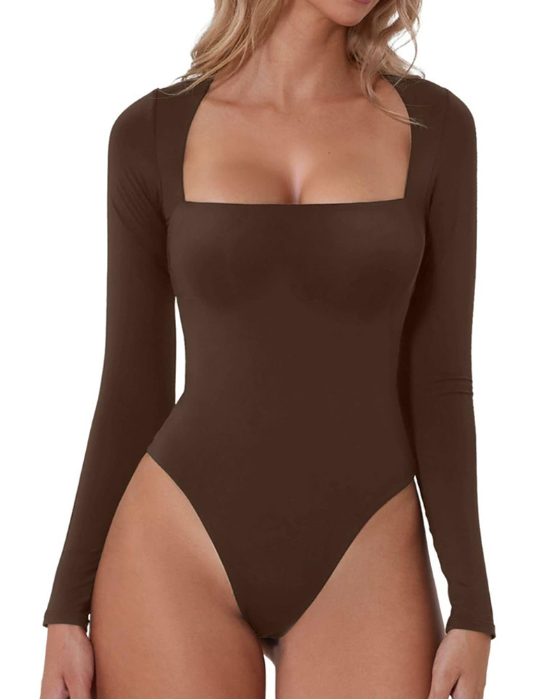 Vibecurve® Bodysuit Tops for Women Square Neck Long Sleeve Double Lined T-shirt