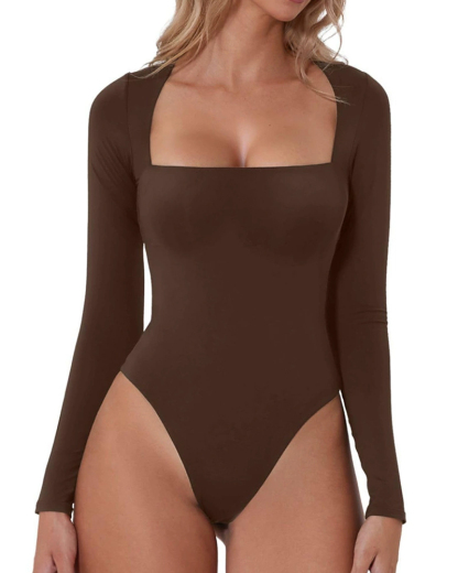 Vibecurve® Bodysuit Tops for Women Square Neck Long Sleeve Double Lined T-shirt